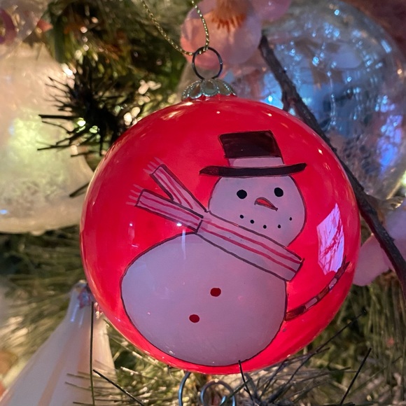 Retired Li Bien Red Snowman Hand-painted Christmas Tree Glass Ornament - Picture 2 of 7